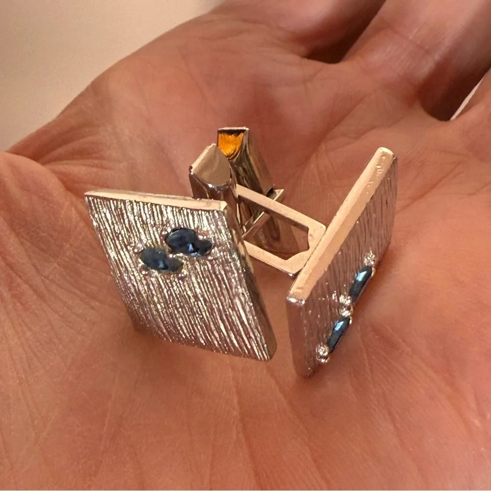 Vintage 1940- 60 Swank Art deco silver Blue Marquise stone Square cuff links